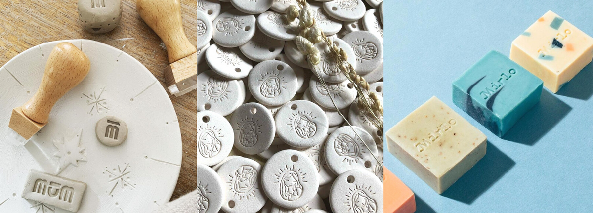 Tampon pour argile, céramique, terre, cuir et savon. Pour personnaliser vos produits avec votre empreinte. Tampon fabriqué en France par Atelier Tampons Paris