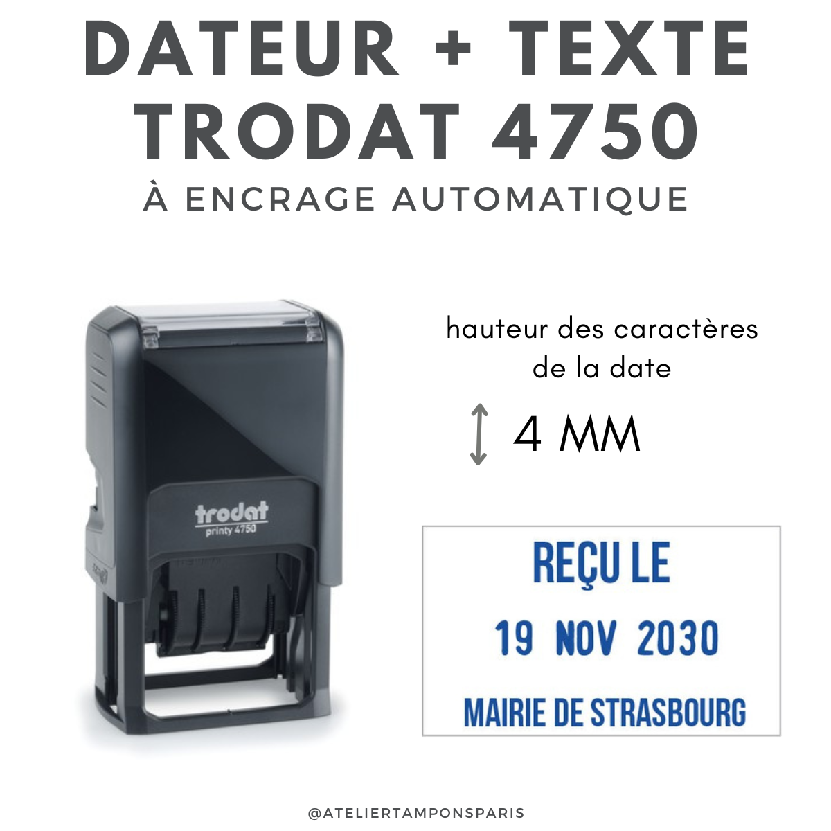 Tampon paris TRODAT printy 4750 dateur et texte 41x24 mm